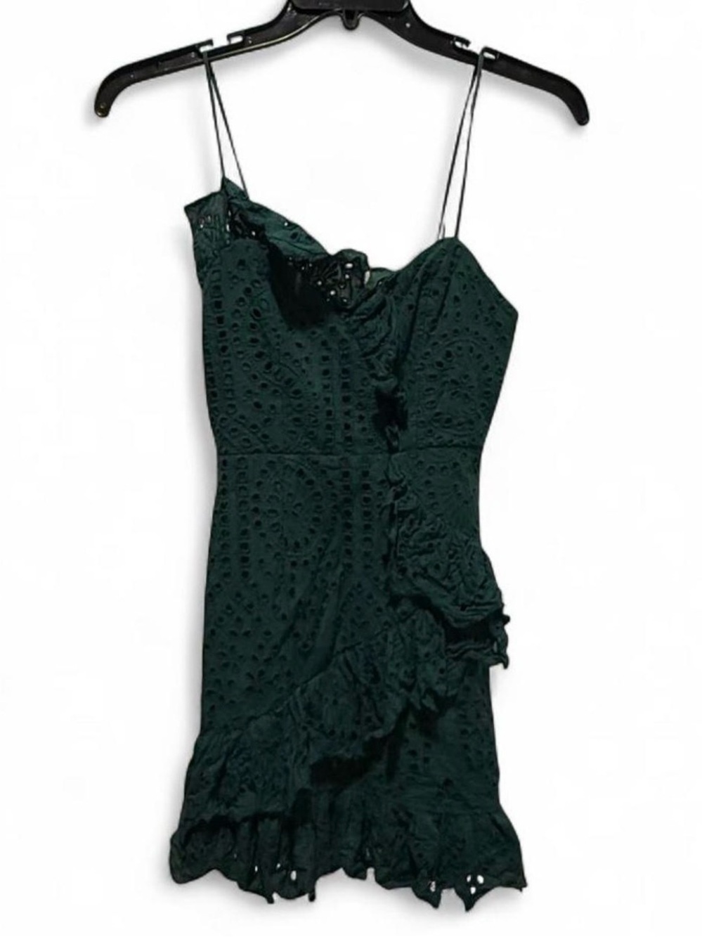 Selfie Leslie Dark Green Eyelet Ruffle Spaghetti Strap Mini Dress